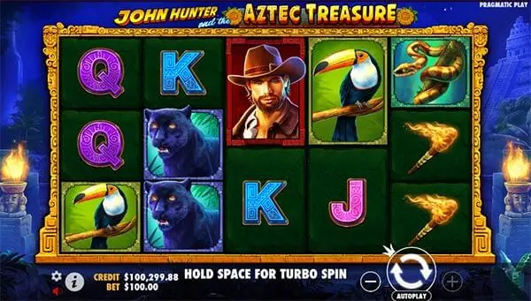 ตัวอย่างสล็อตธีมผจญภัย เกมสล็อต john hunter and the aztec treasure